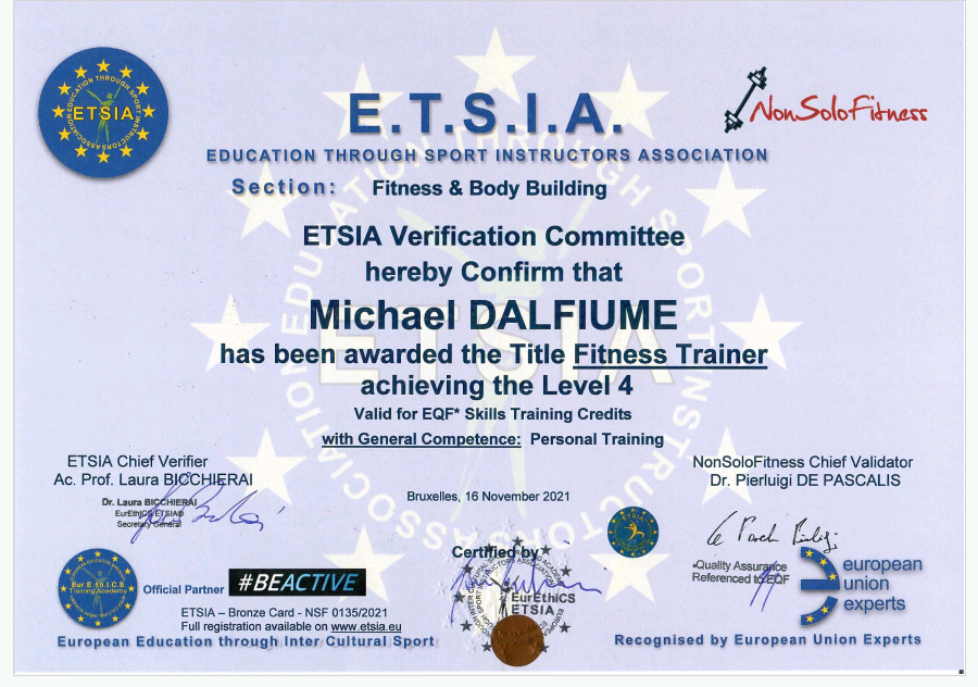 Attestato europeo ETSIA per il personal training